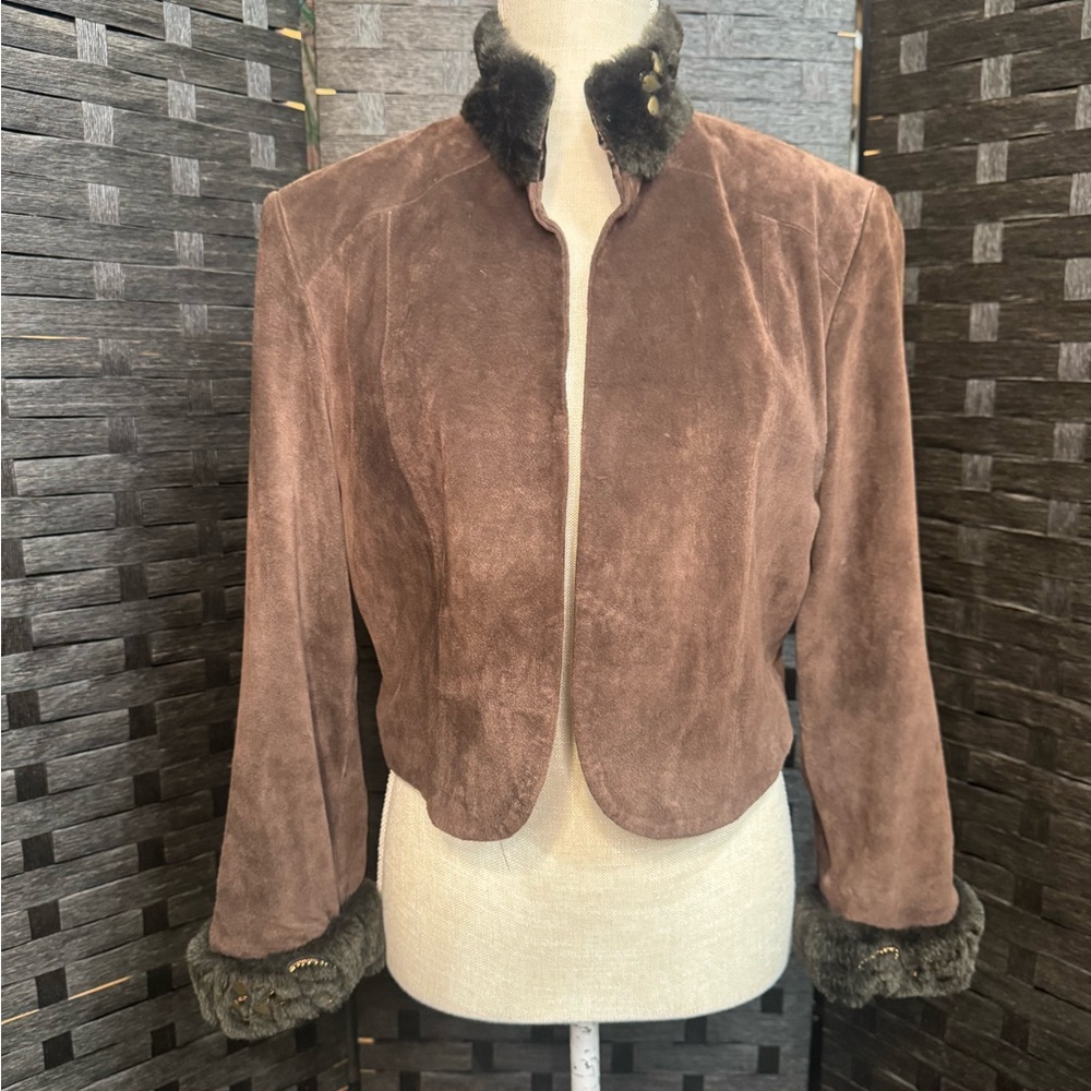 David Rodriguez Fleur Crop Brown Suede Women's Jacket with Fur embroidered trim